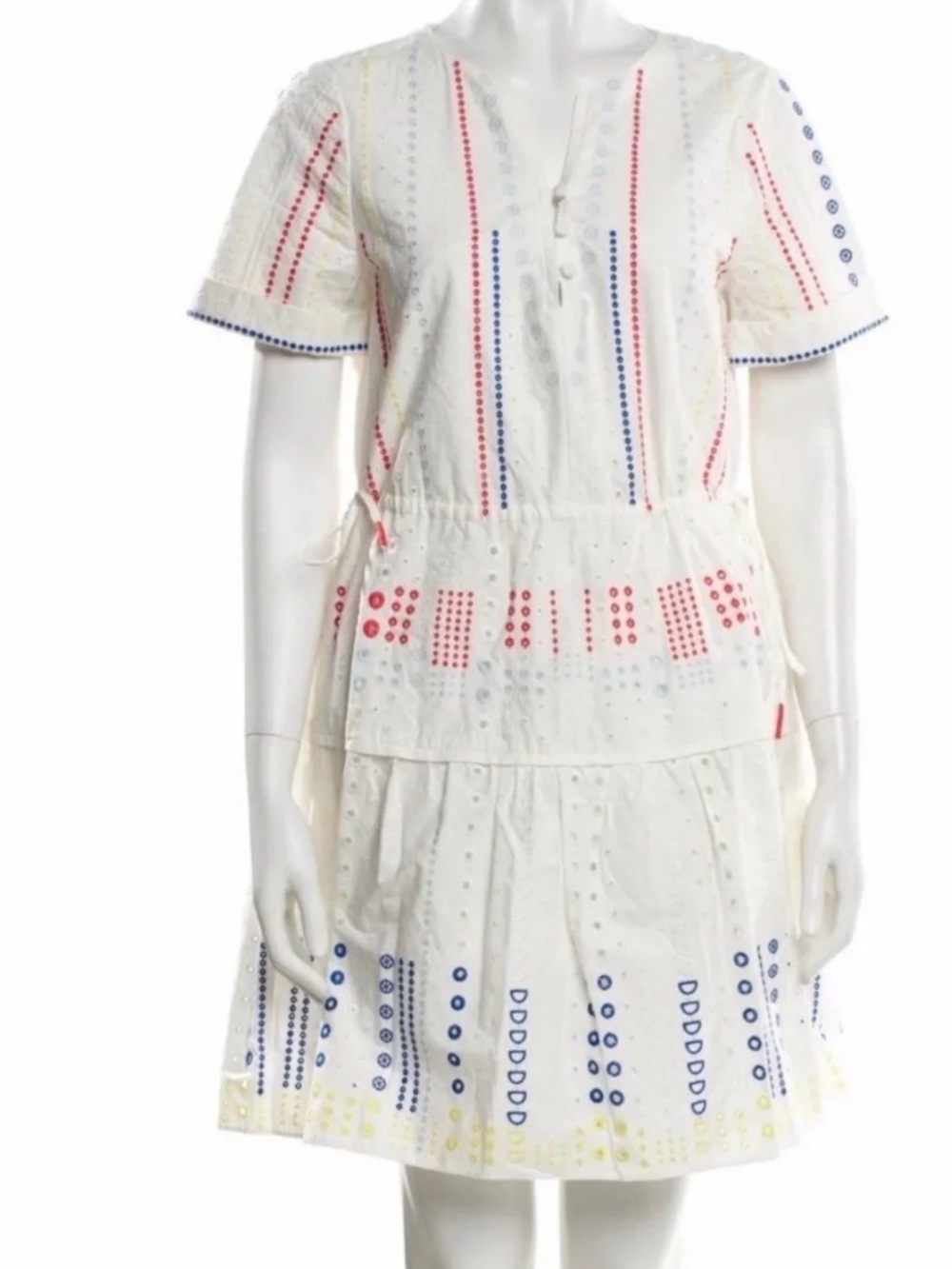Tanya Taylor White Eyelet Dress with Red, Blue & Yellow Embroidery